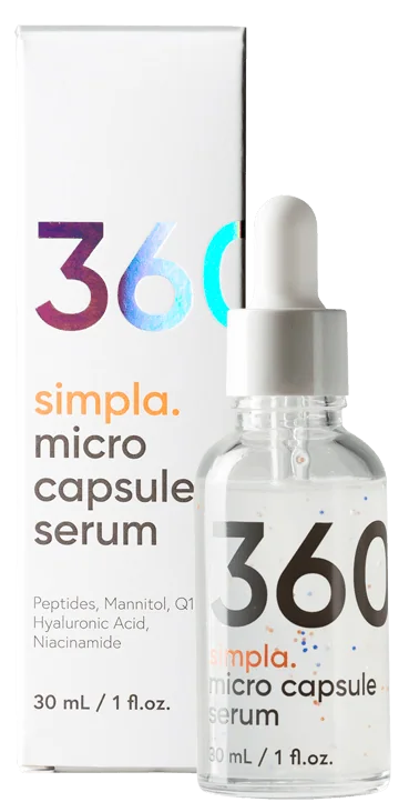 Simpla 360 Sérum — frasco de 30 ml sobre fondo crema
